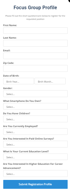 Apex Focus Group Registration Form with basic and straightforward questions.