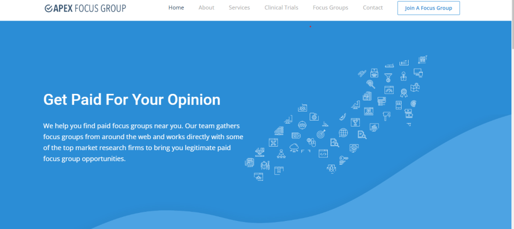 An image of Apex Focus Group homepage featuring brand logo, categories, and a tagline- Get Paid For Your Opinion