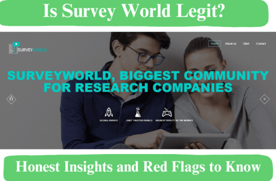 SurveyWorld website homepage featuring brand logo, categories, and a title that asks, "Is SurveyWorld Legit? Honest Insights and Red Flags to Know.