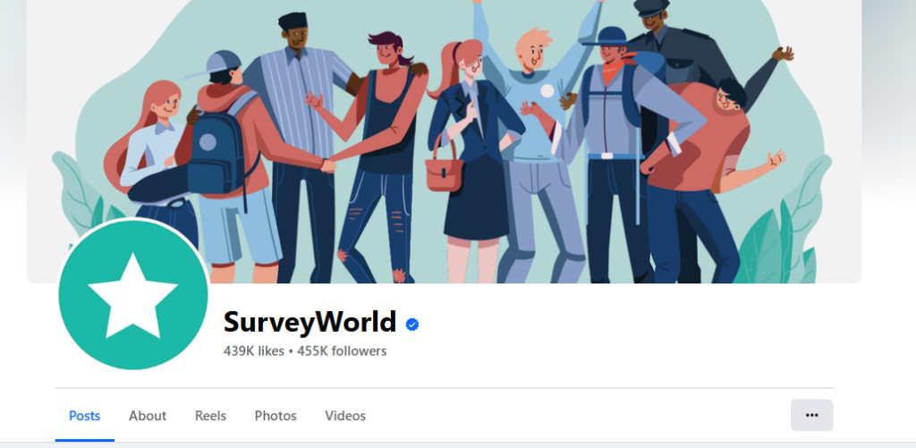 SurveyWorld Facebook page with a verified badge, logo, cover image, and follower count of 439K likes and 455K followers. Is Survey World legit? Its large social presence suggests so.
