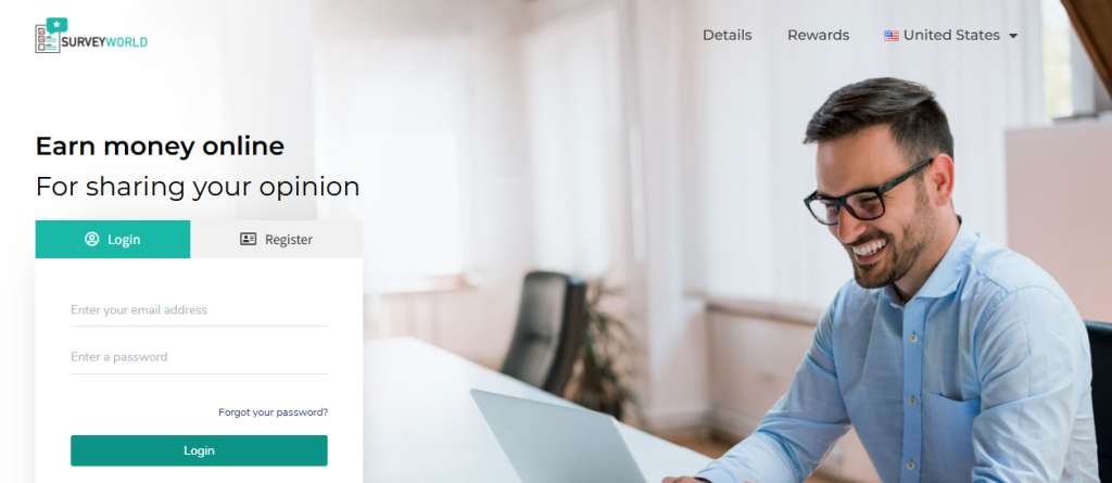 SurveyWorld Syno International panel page with login and register options, featured image, navigation categories, and brand logo.