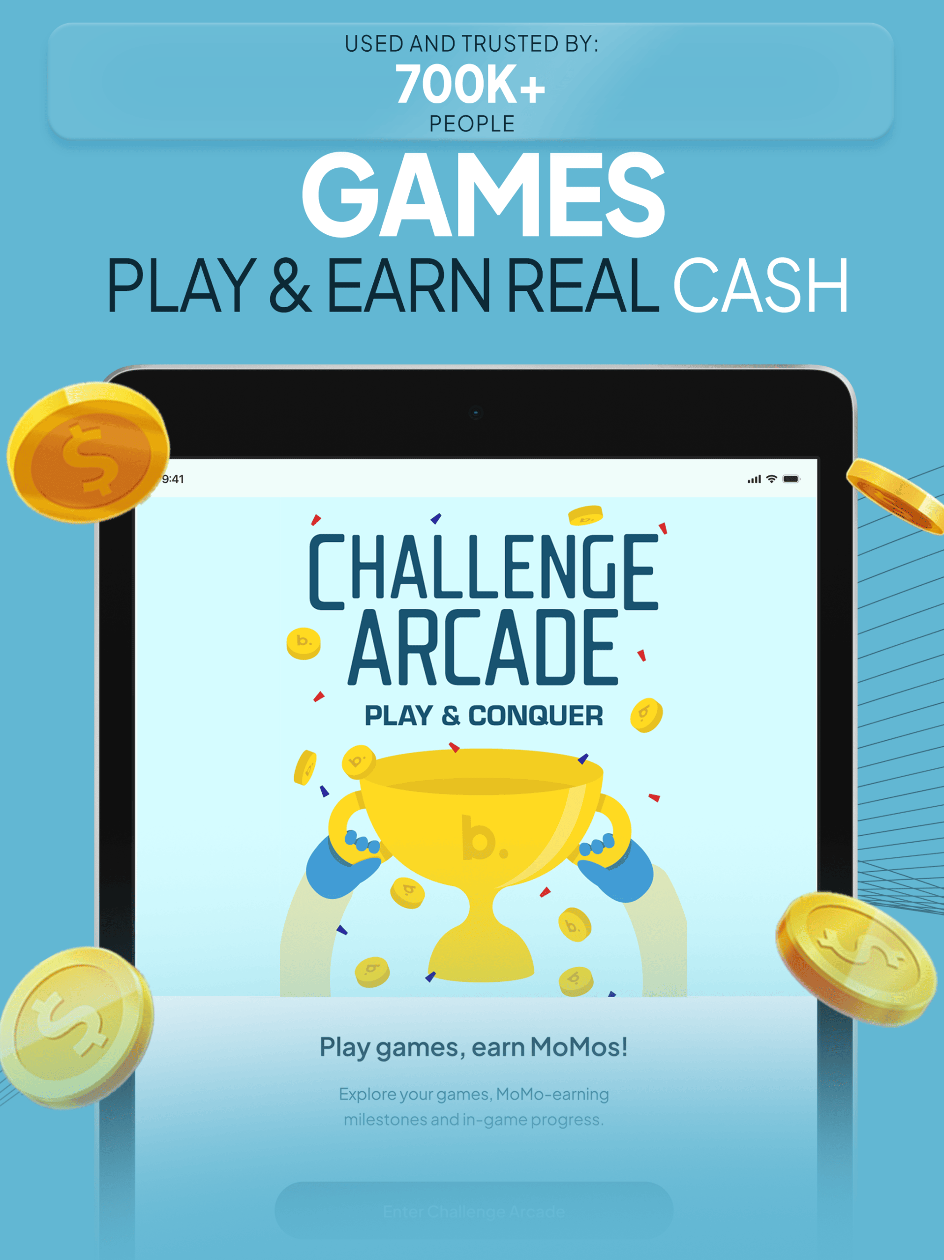 Benjamin app games featuring 'Challenge Arcade' on a tablet screen, promoting playing games to earn real cash and MoMos.