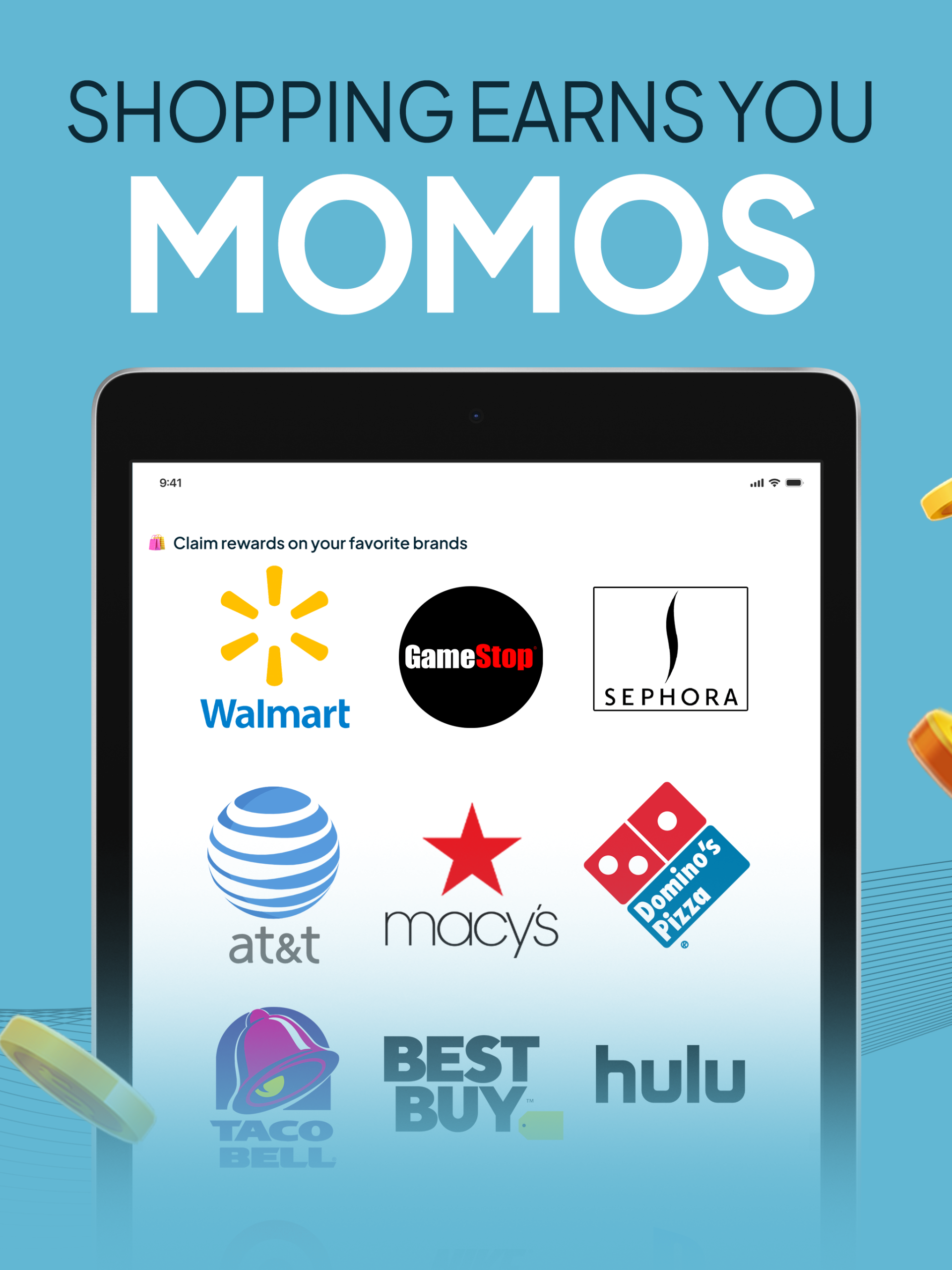 Benjamin app shopping rewards screen displayed on a tablet, showcasing various brand logos including Walmart, GameStop, Sephora, AT&T, Macy’s, Domino’s Pizza, Taco Bell, Best Buy, and Hulu.