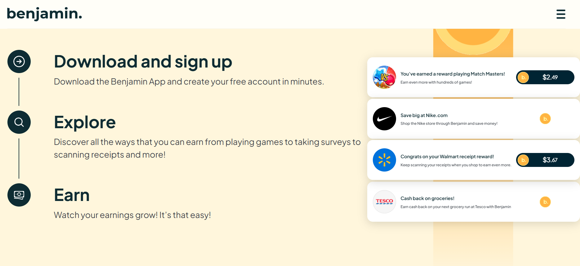 The signup process of the Benjamin app displaying the steps to earn.