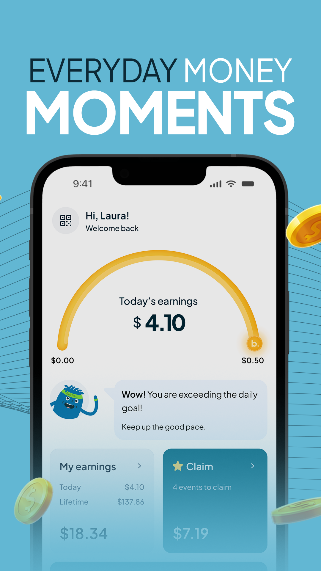 Benjamin app earnings screen displaying a smartphone interface with a daily earnings summary of $4.10.