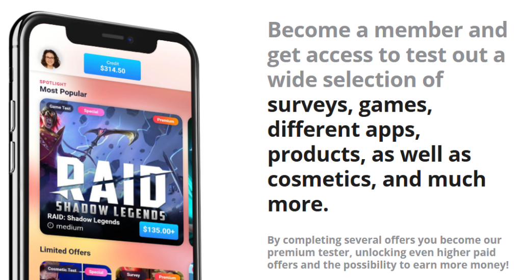 Testerup homepage featuring a mobile showing user interface with adjacent text inviting members to test surveys, games, apps, products, cosmetics, and more.