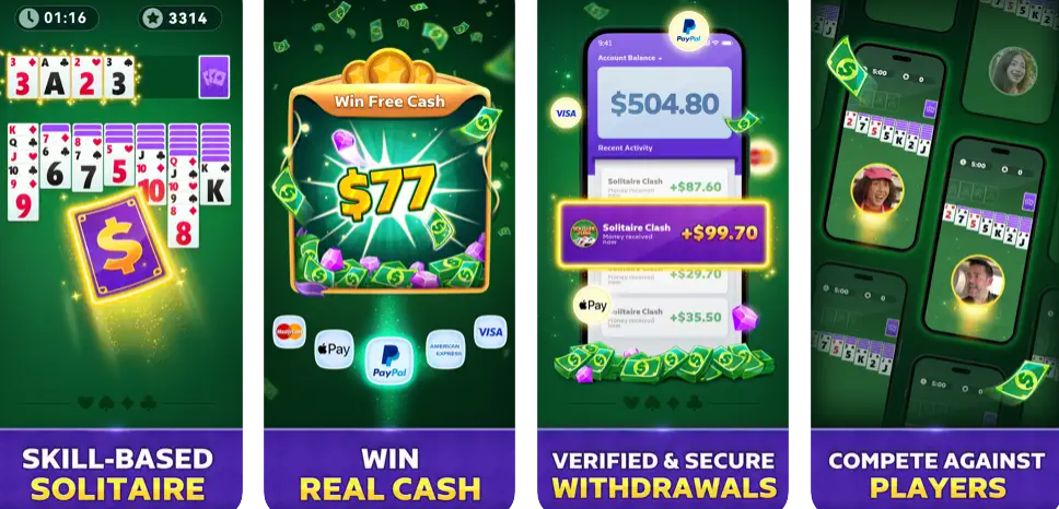 Solitaire Clash App Store screenshots highlighting gameplay, secure payment methods, verified withdrawals, and competitive multiplayer mode.