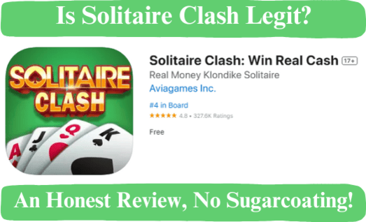 Solitaire Clash App Store preview showing logo, tagline, 4.8-star rating, developer AviaGames, and title “Is Solitaire Clash Legit? An Honest Review, No Sugarcoating!”