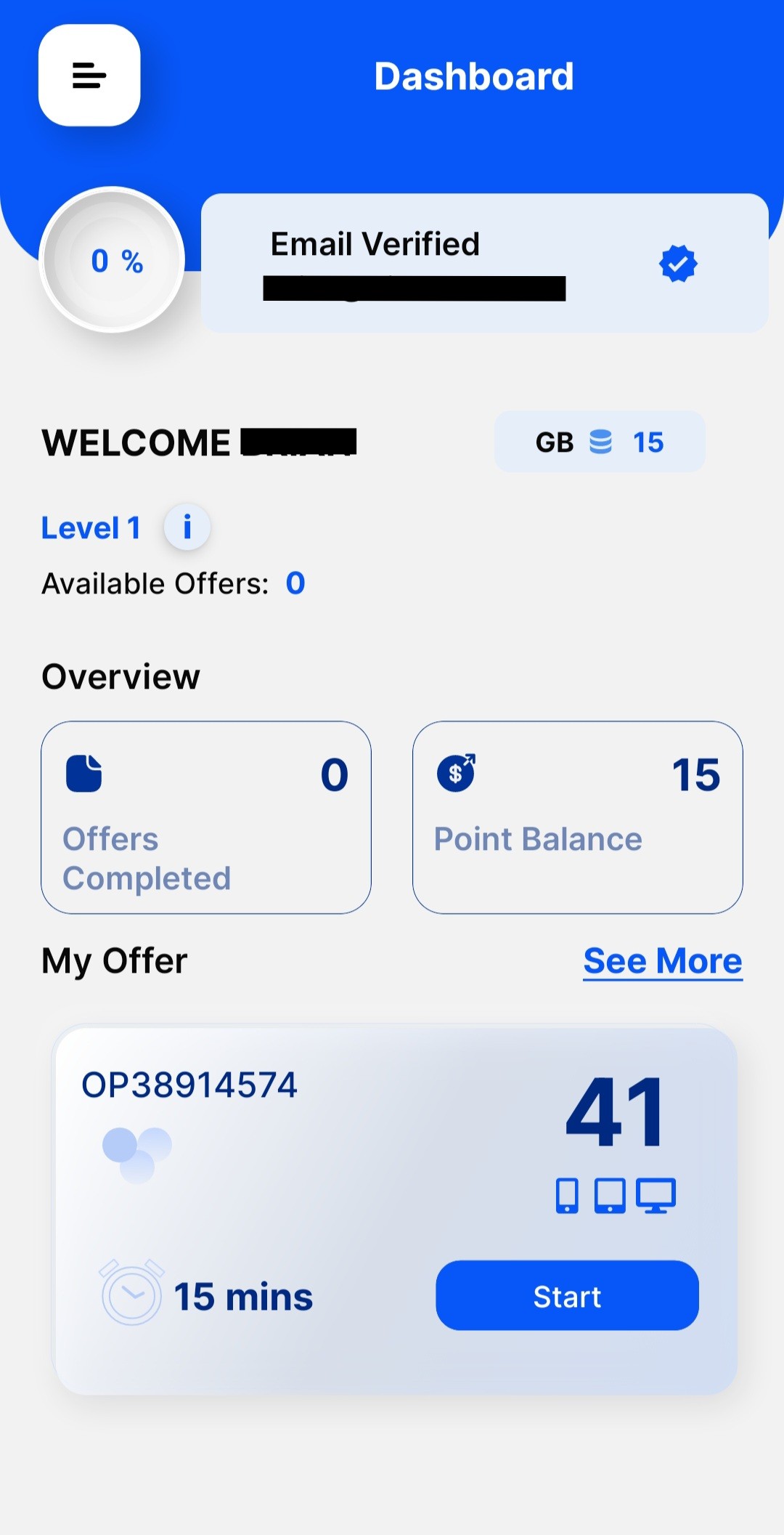 Opinion Edge App dashboard showing user level, point balance, and a survey offer worth 41 points.