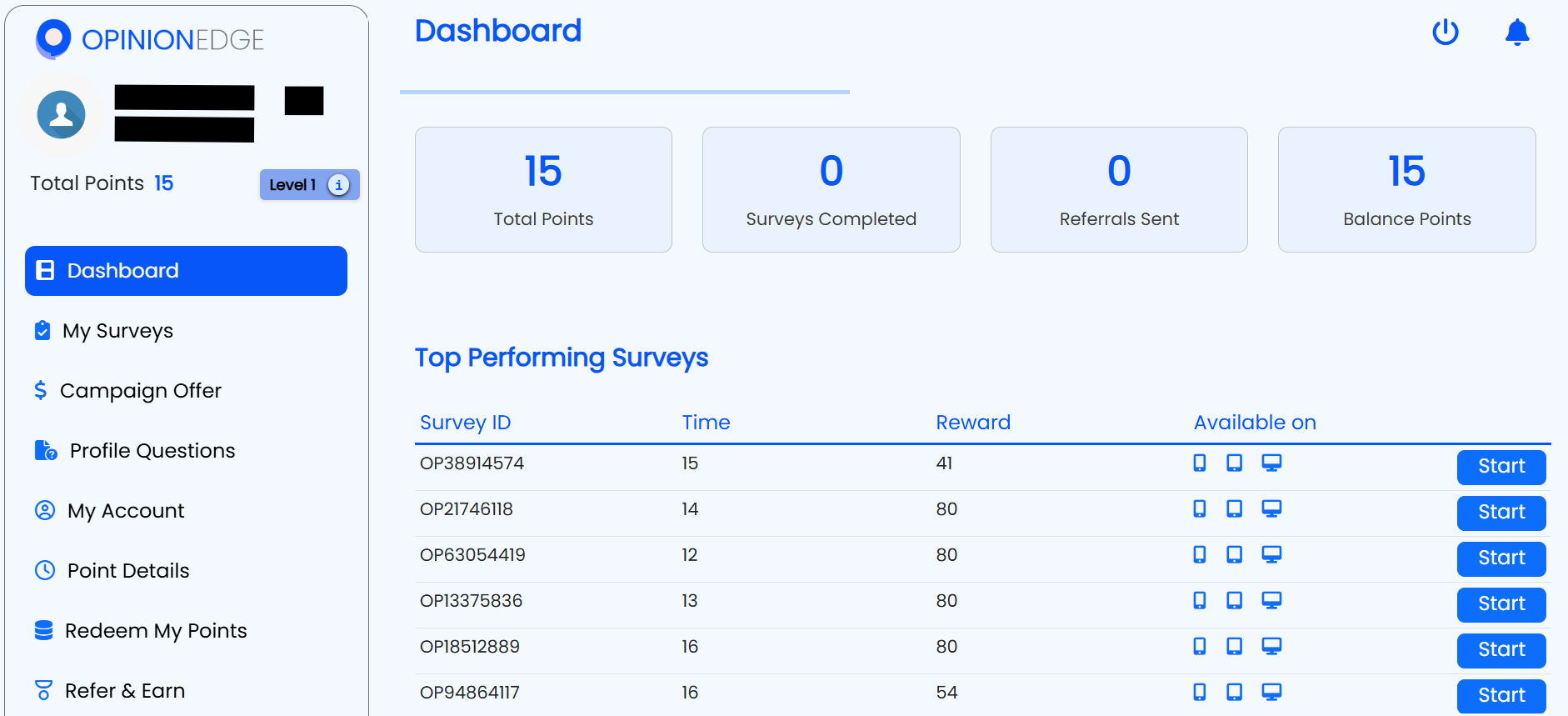 Opinion Edge dashboard showing available "Total Points" and "Top Performing Surveys".
