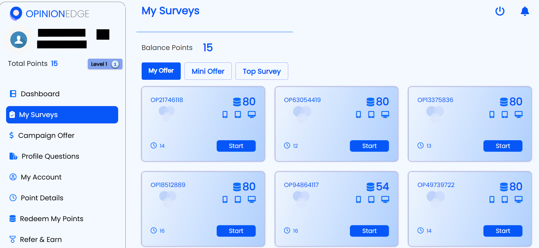 Opinion Edge dashboard showing available surveys, points earned, and user navigation options.