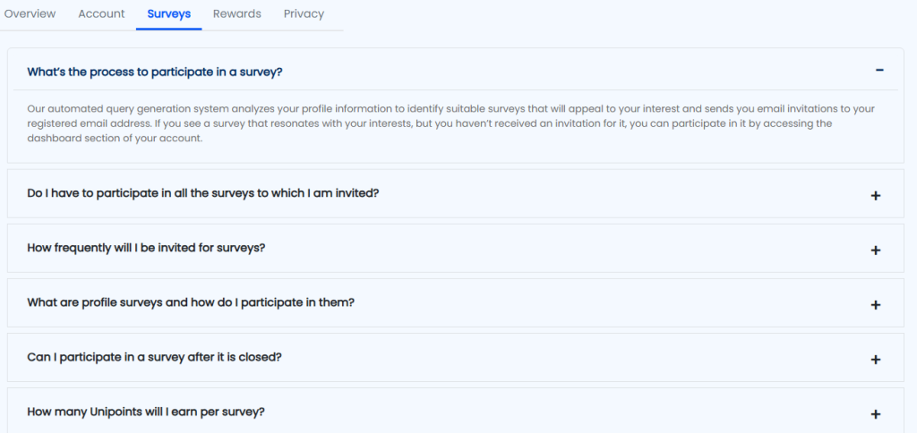 Opinion Edge's extensive FAQ page answering several queries under various categories such as Account, Surveys, Rewards, and more.
