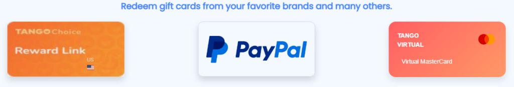 Image showcasing payout options of Opinion Edge, including Tango Choice, PayPal, and Tango Virtual.