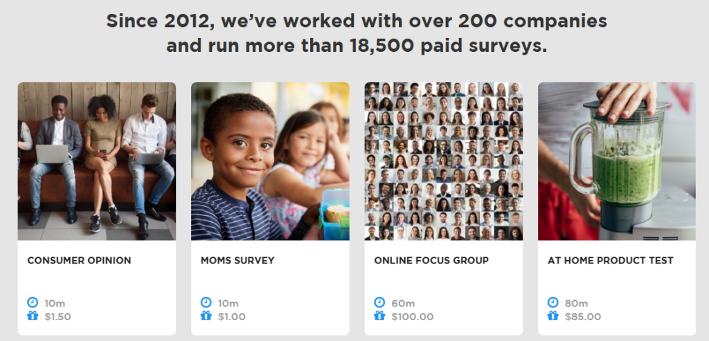 The Product Report Card homepage highlighting credibility claims, example earning opportunities with estimated completion times and reward amounts