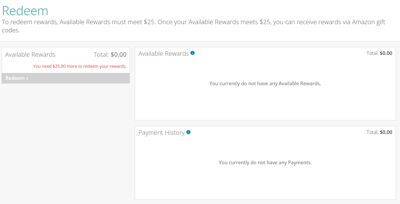 Product Review Card cashout screen showing $0.00 in available rewards and a $25 minimum required for redemption via Amazon gift codes.