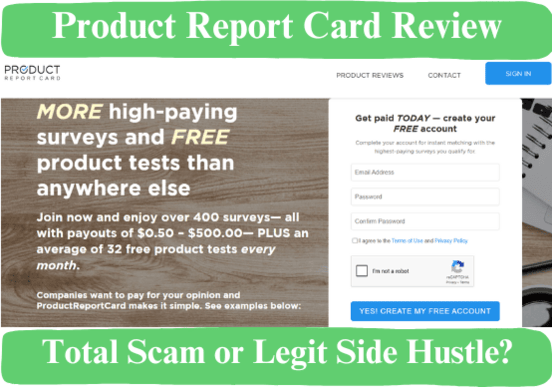 Screenshot of Product Report Card website with text asking 'Is Product Report Card legit?' and promoting paid surveys and free product tests.