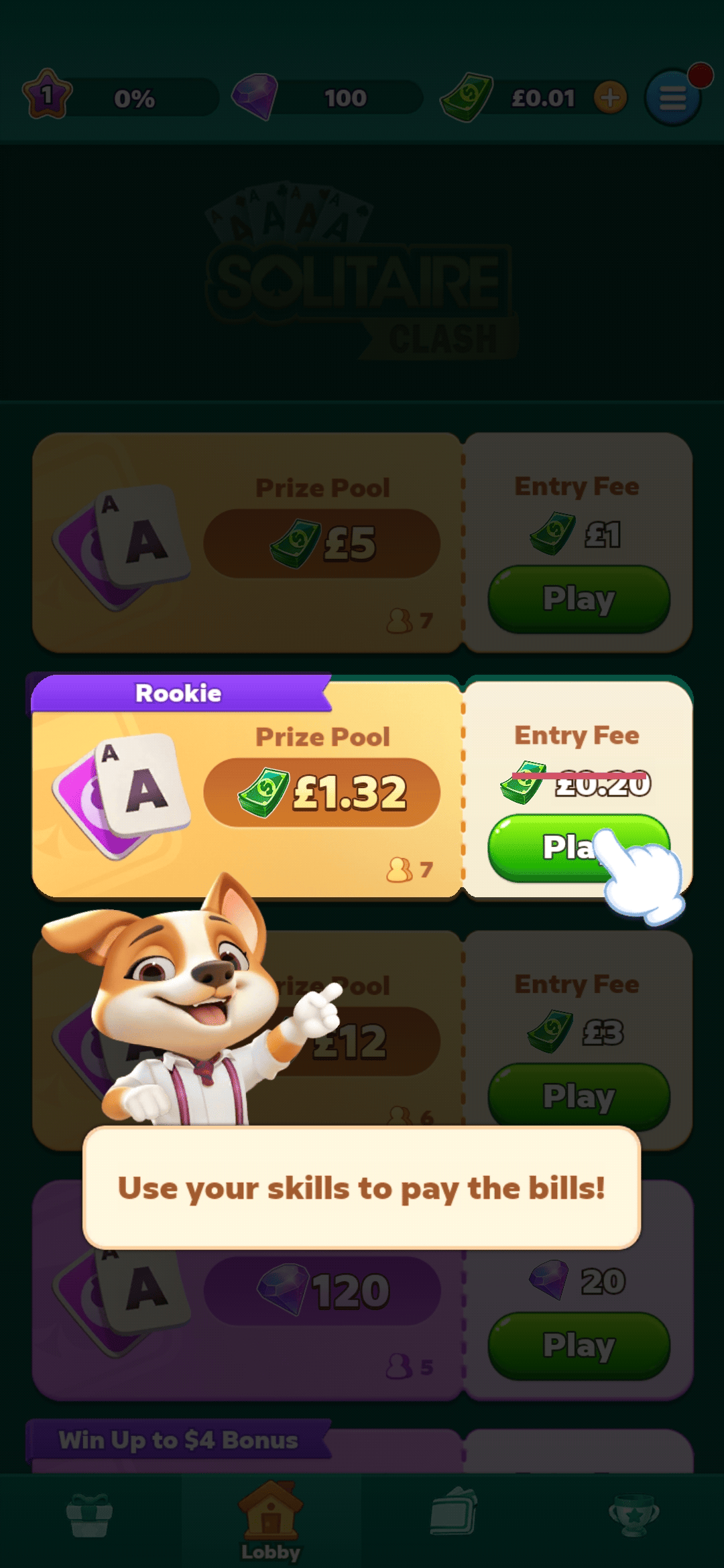 Solitaire Clash entry fee screen showing a rookie match with £1.32 prize pool and discounted entry fee of £0.20.