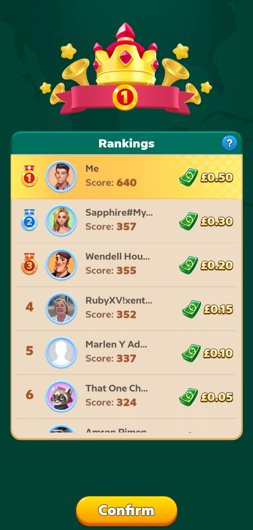 Solitaire Clash ranking screen showing player in 1st place with a score of 640 and a £0.50 reward.