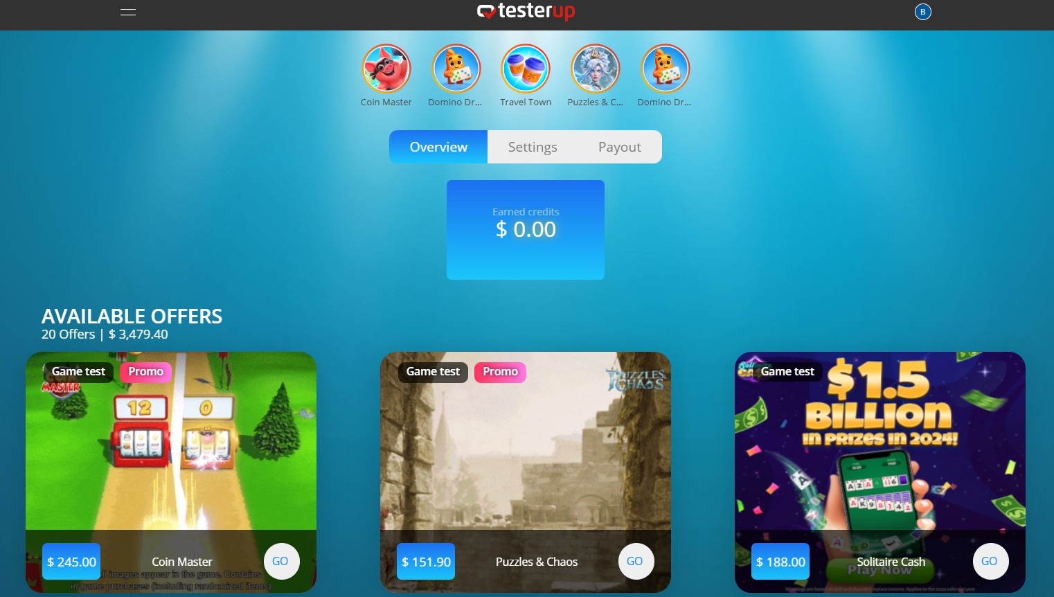 Testerup dashboard showing game test offers and potential earnings, including Coin Master and Solitaire Cash.