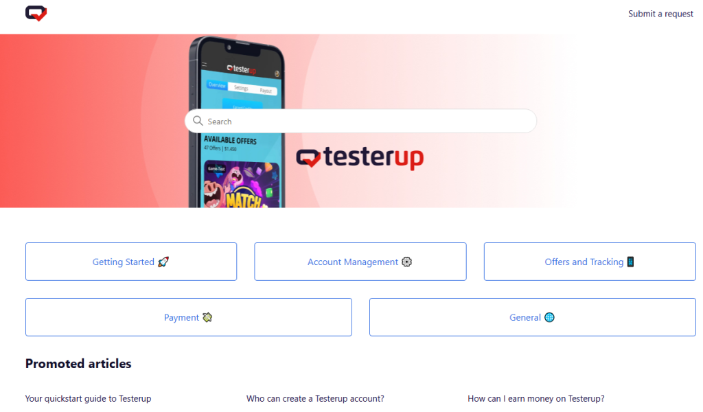 Testerup support page with logo, FAQ categories, promoted help articles, and submit request button