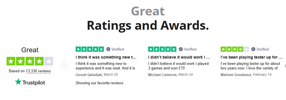 Screenshot showing Testerup’s 4.1 Trustpilot score and selected satisfied customer feedback