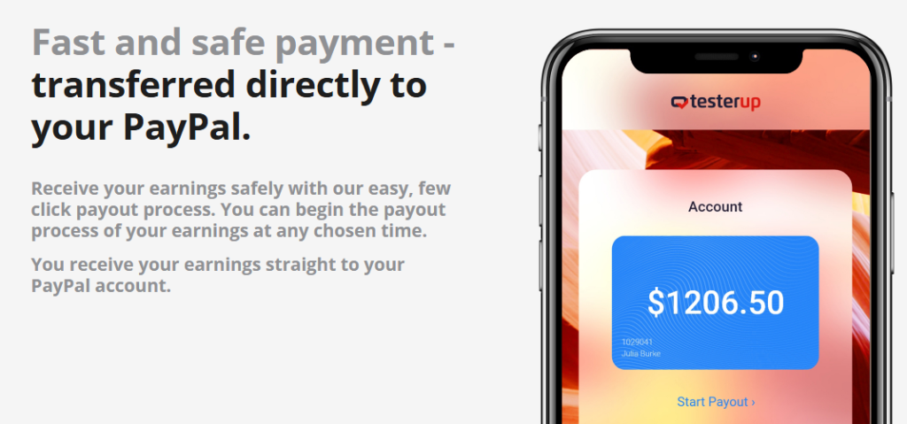 Testerup payout tab on mobile with adjacent text highlighting fast and secure PayPal payments