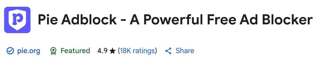 Ratings of the Pie Adblock on Chrome Web Store showing 4.9 stars