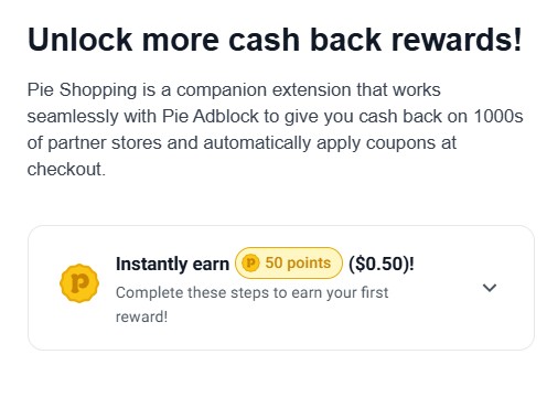 Pie Shopping rewards showing ability to earn 50 points for signing up
